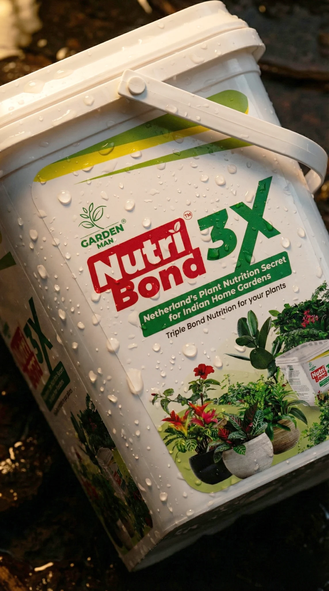 AI-assisted product visual of NutriBond 3X packaging with water droplets
